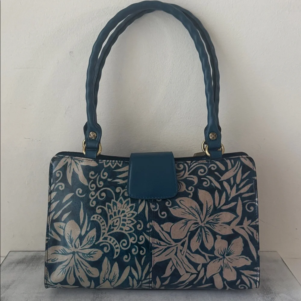 Patricia Nash Rienzo Greek Floral Leather Blue Shoulder Handbag